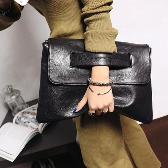 Envelope Clutch Bag Large Wristlet – Black PU Leather – Foldover Style